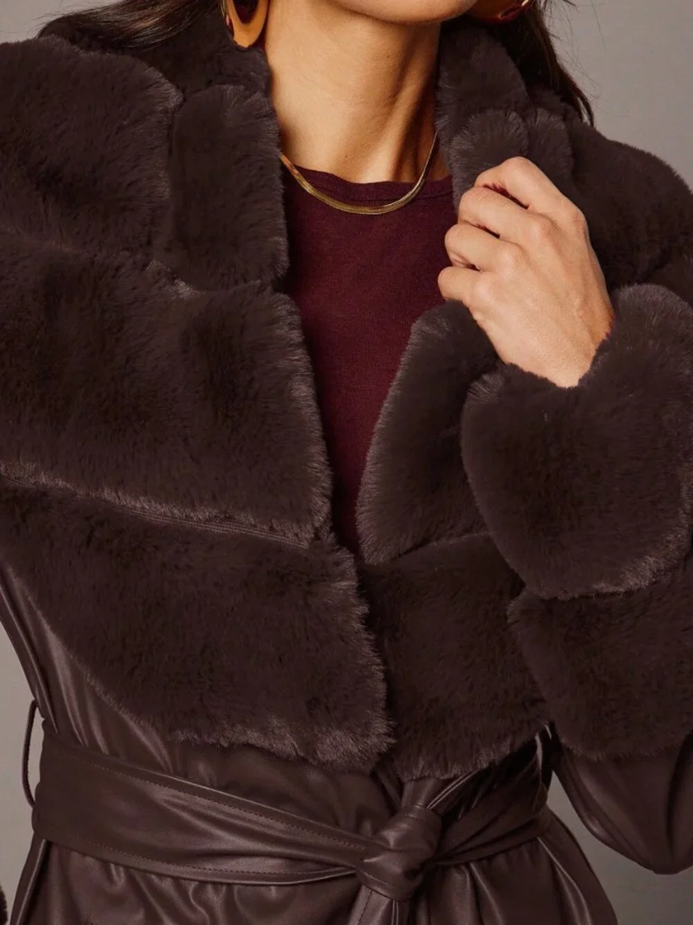 Coffee Brown Casual Women's Faux Fur Collar Long Sleeve Jacket